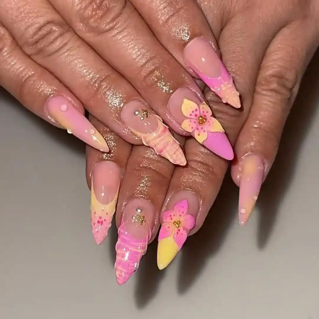 3D Pink and Yellow Tropical Stiletto Nails