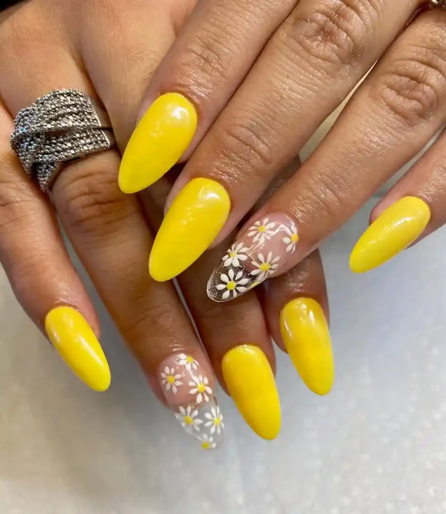 Bold Yellow Almond Nails with Daisy Art