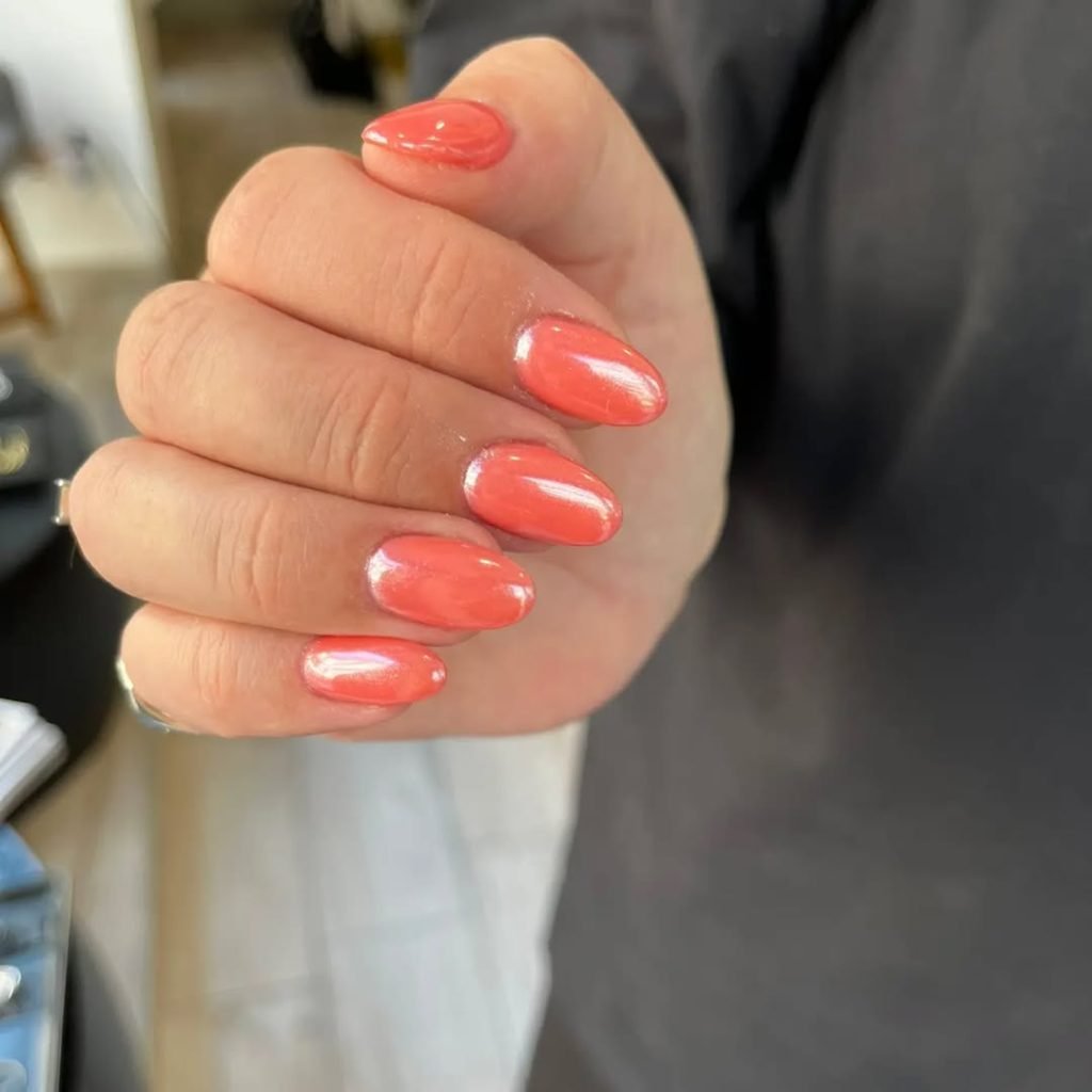 Coral Chrome Almond Nails