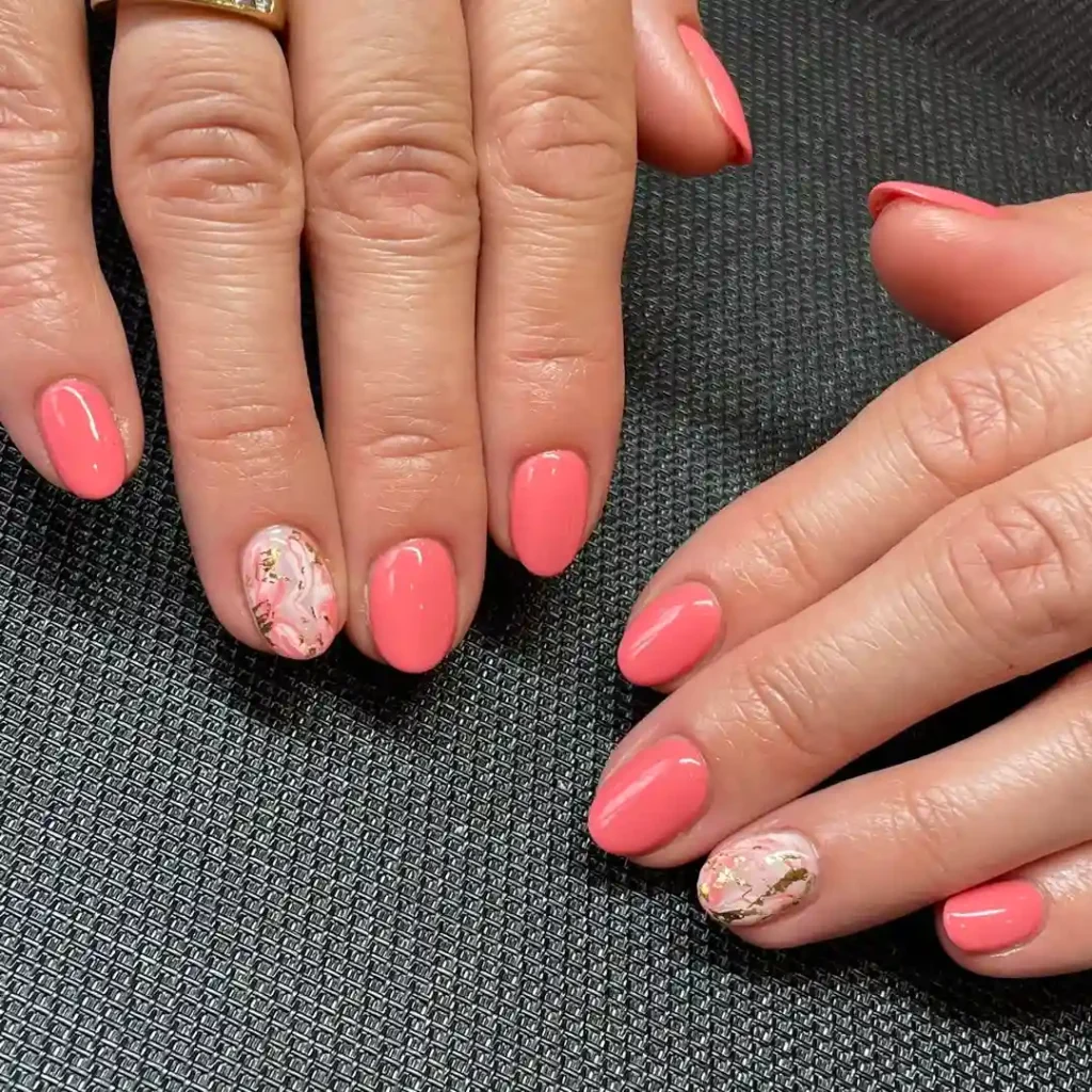 Coral Nails with Marbled Accent