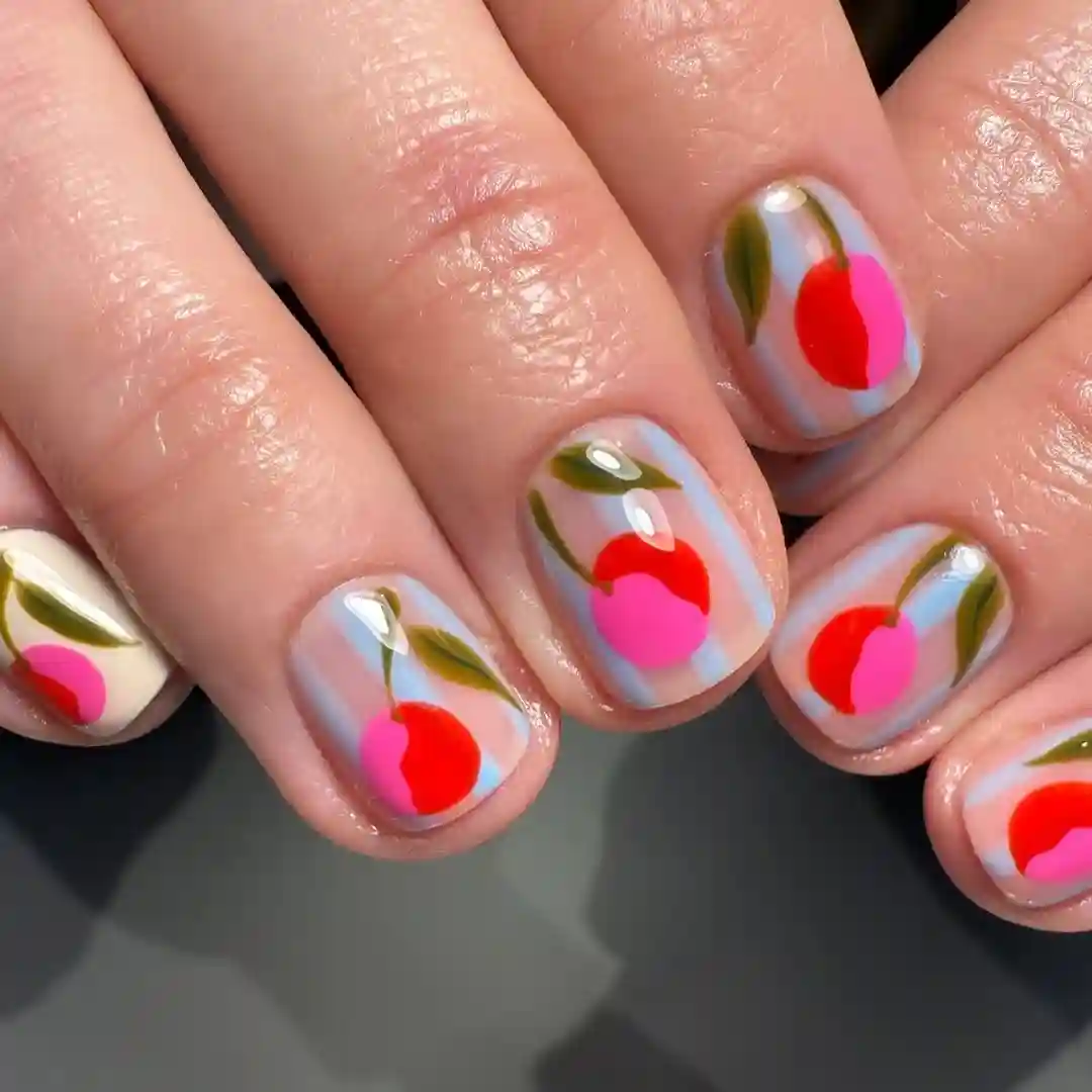Juicy Cherry Nails on Clear Stripes