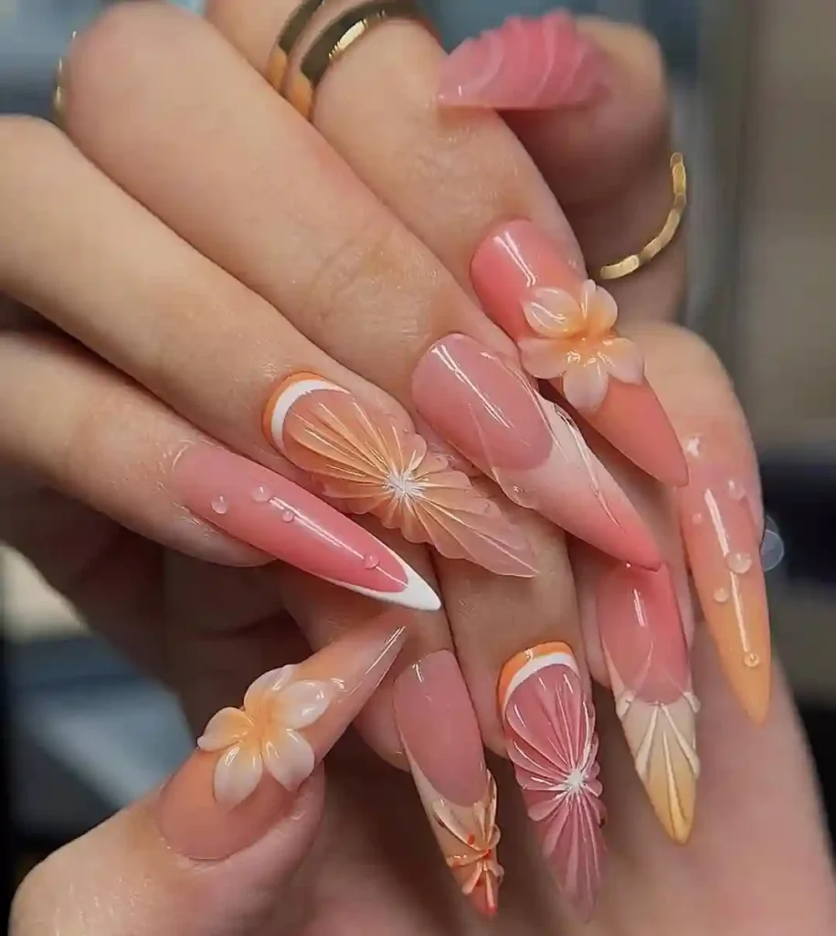 Long 3D Peach Coral Floral Nails