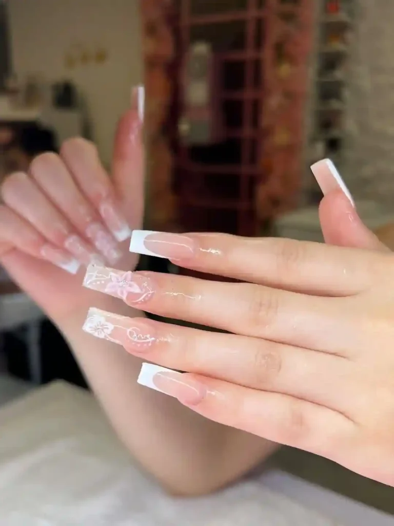 Long French Tips With White Art
