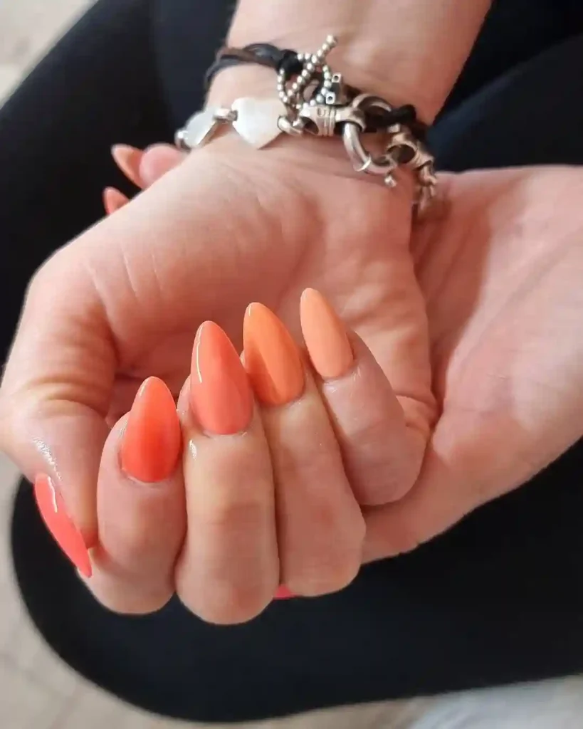 Mixed Peach Tones on Almond Nails