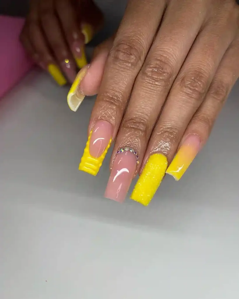 Mixed Texture Yellow Nails with Rhinestones