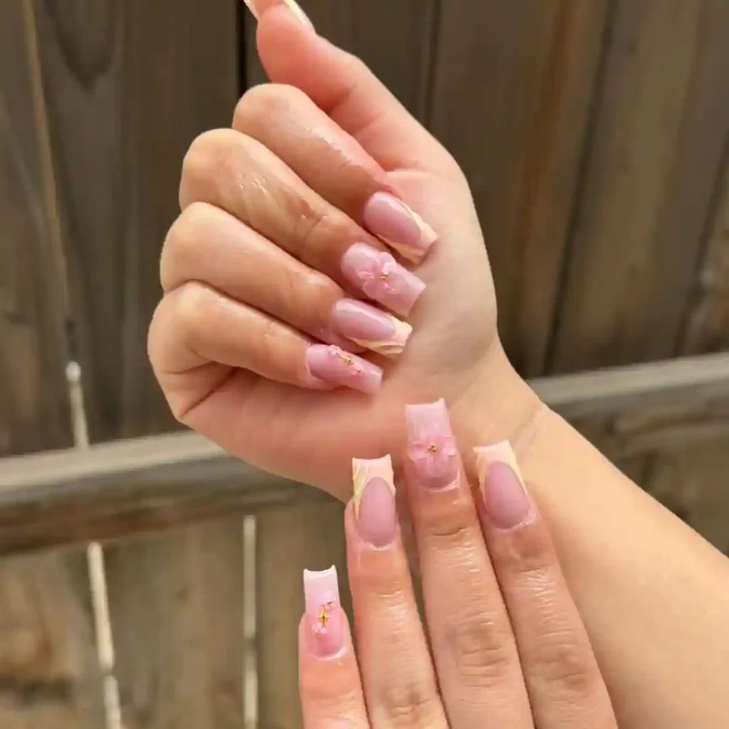 Nude and Yellow Square Nails with Pastel Florals