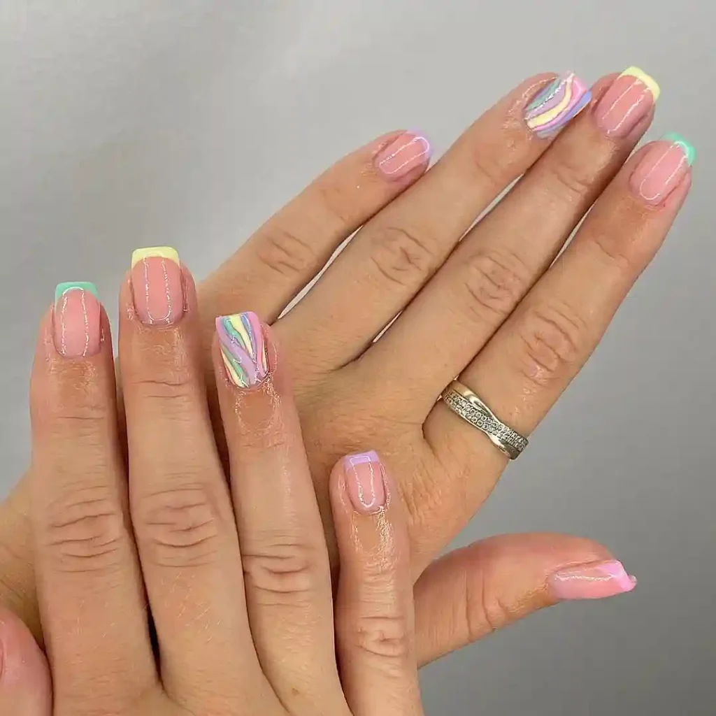 Pastel French Tips With Rainbow Swirls
