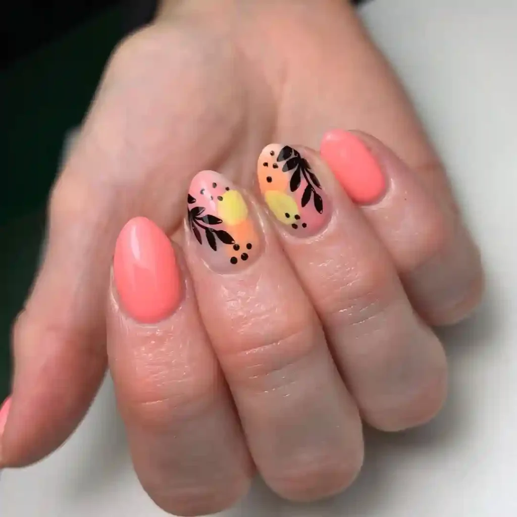 Peach Coral Nails with Black Leaf & Dot Art