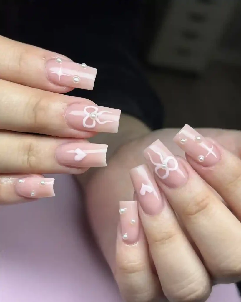 Pearl Accent Nude Coffin Nails
