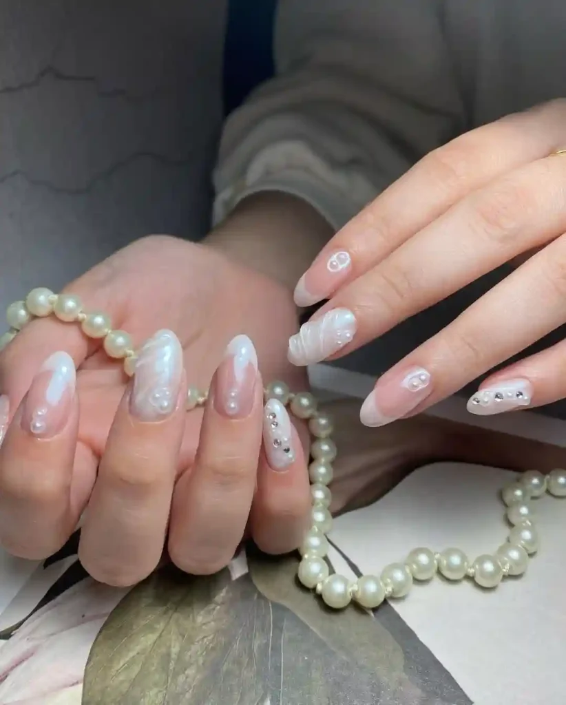 Pearl Sheen Almond Nails With Gems