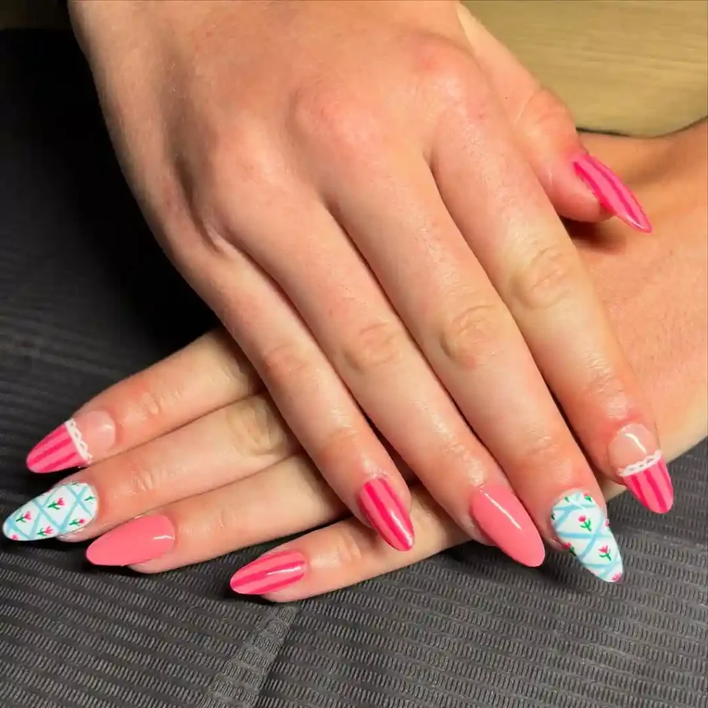 Pink Striped and Floral Mix Nails