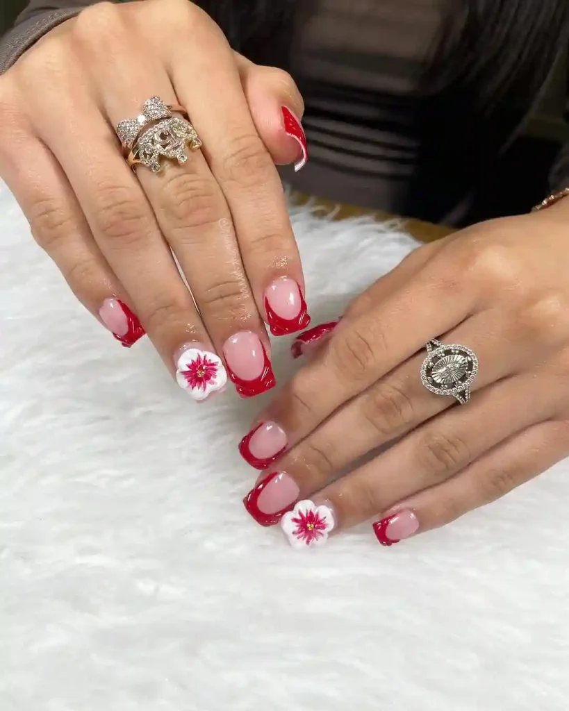 Red French Tips With Bold 3D Flowers