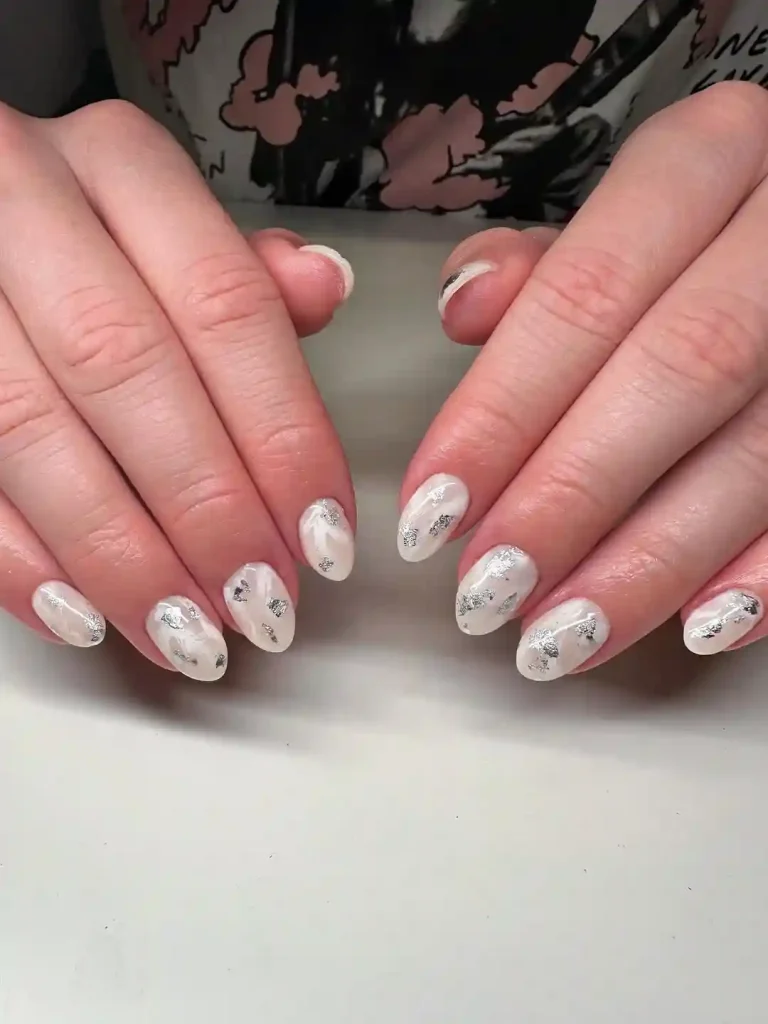 Soft White and Silver Foil Almond Nails