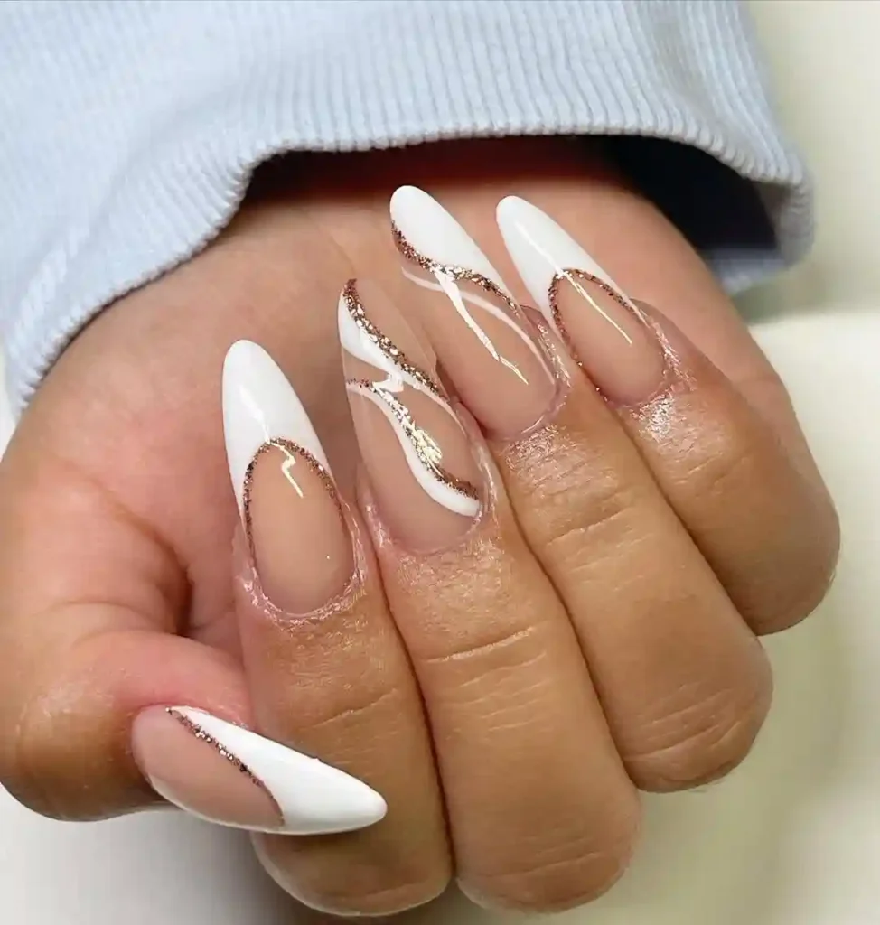 White Stiletto Nails With Glitter Waves