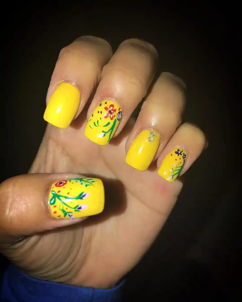 Yellow Nails with Colorful Floral Garden Art