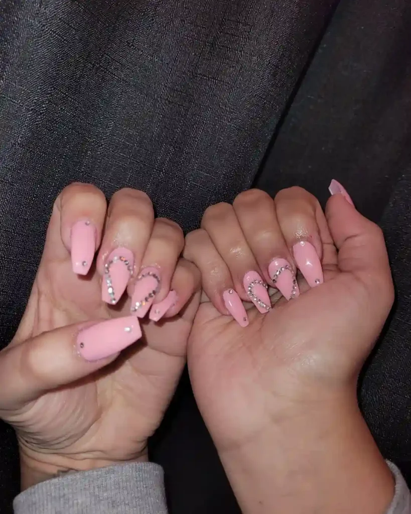 Baby Pink Coffin Nails with Rhinestone Waves