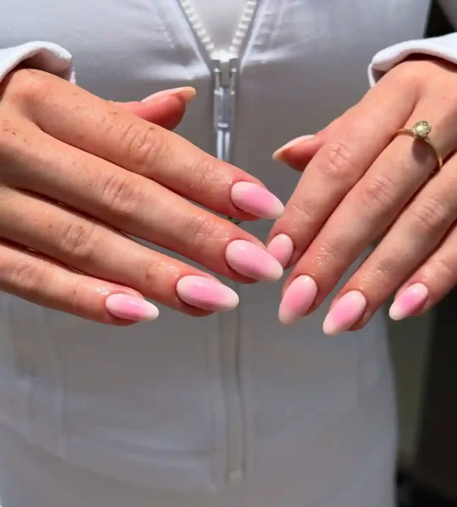 Baby Pink and White Aura Almond Nails