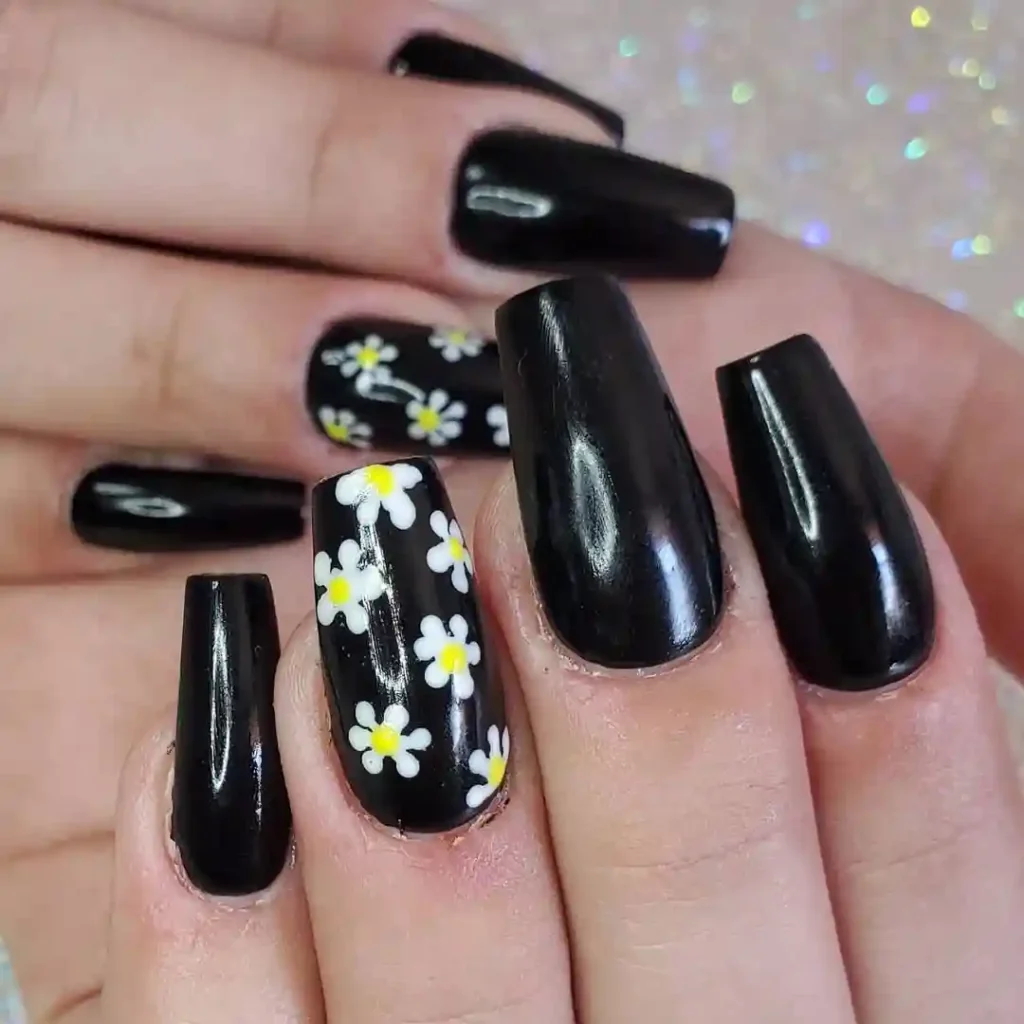 Black Coffin Nails with White Daisies