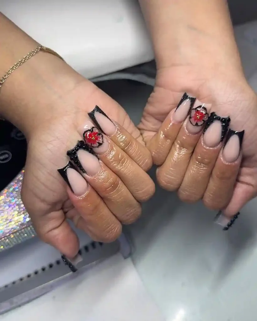 Black Cut-Out Nails with Red 3D Flowers