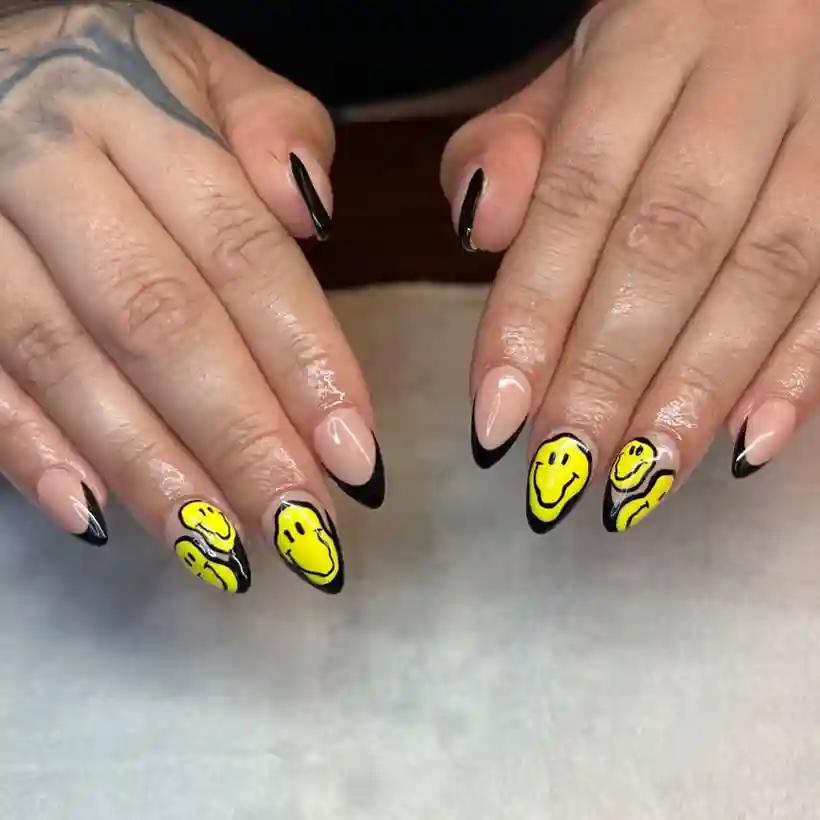 Black French Tips with Yellow Smiley Faces