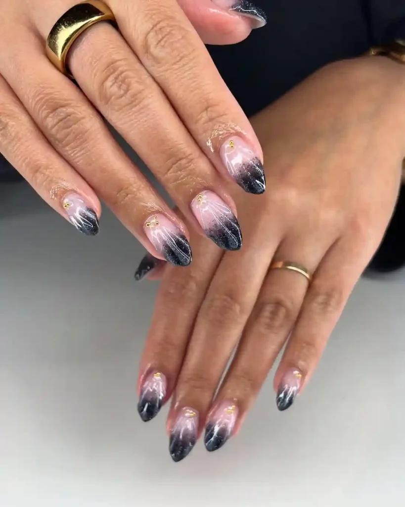 Black Ombré Feathers on Almond Nails