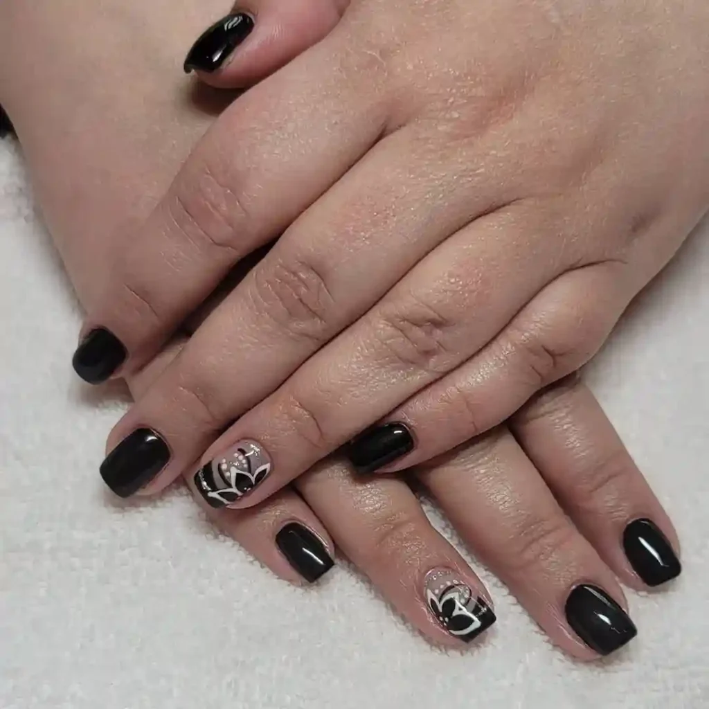 Black Short Nails with Minimalist Floral Art