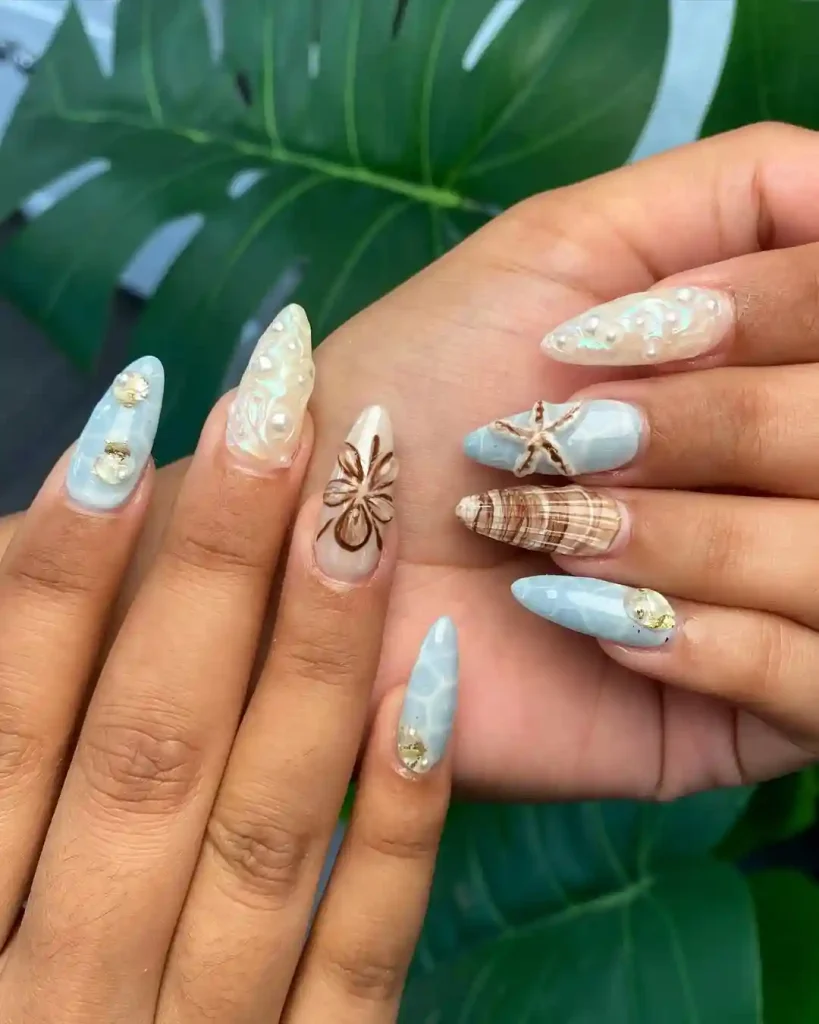 Blue Glitter Ocean Nails with Crystal Sparkle