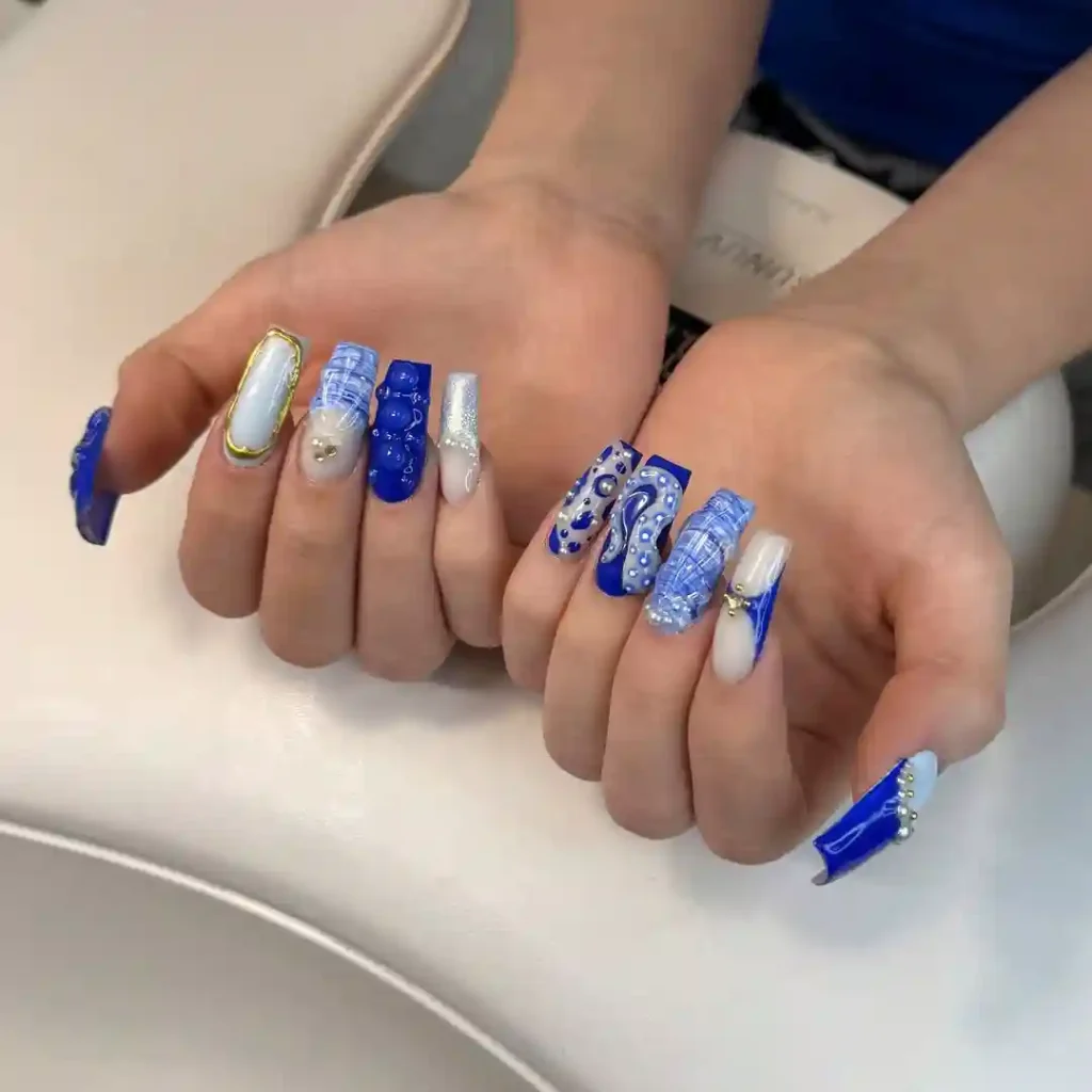 Bold Textured Ocean Nails with Chrome and Pearls