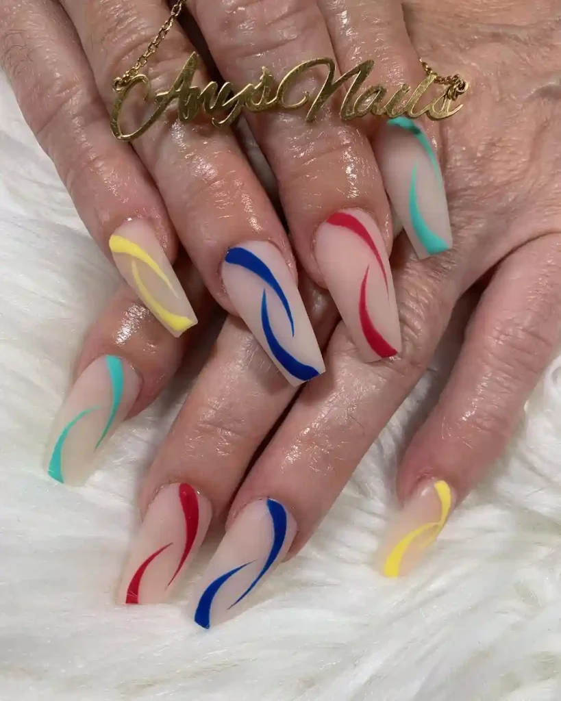 Bright Swirl Coffin Nails in Primary Colors