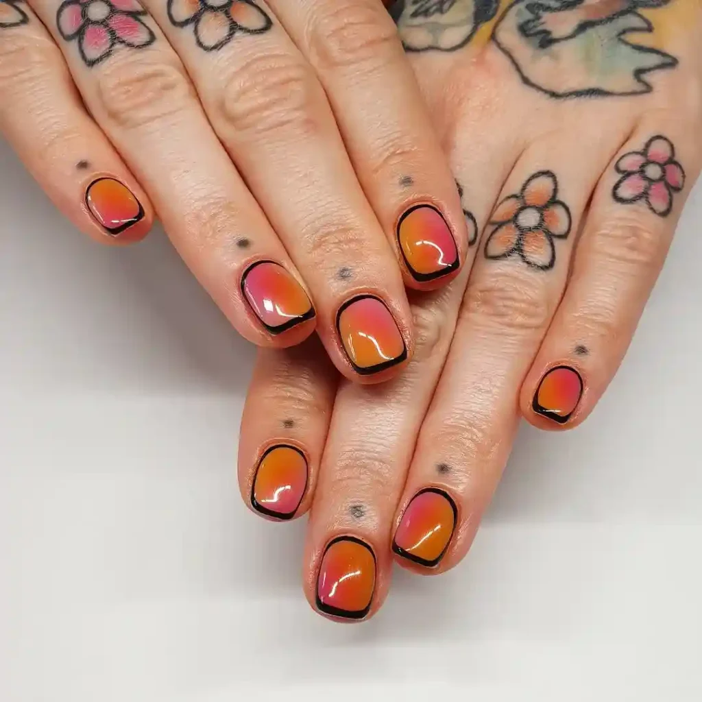 Burnt Sunset Aura Nails with Black Outline