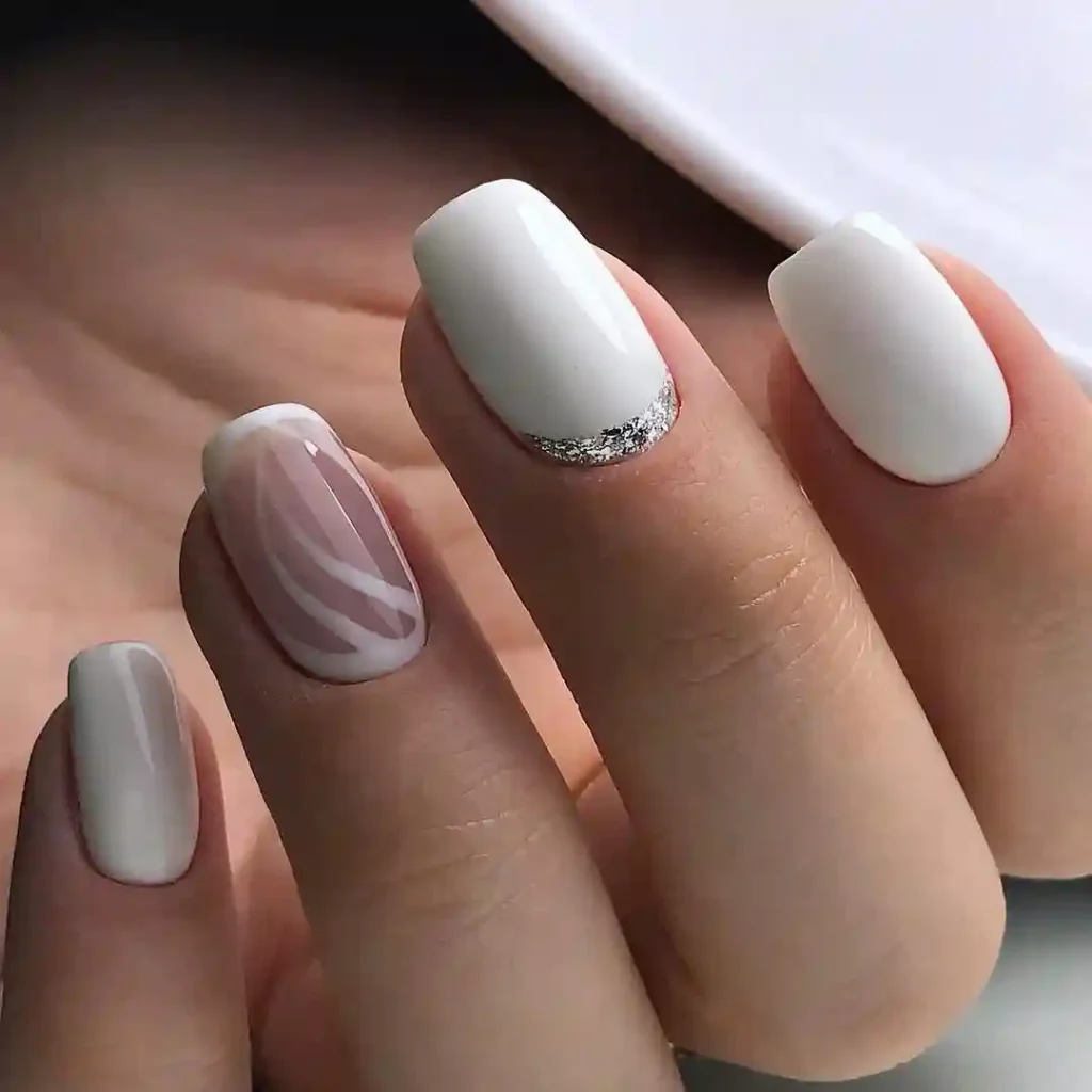 Classy White Nails with Silver Accent and Sheer Art