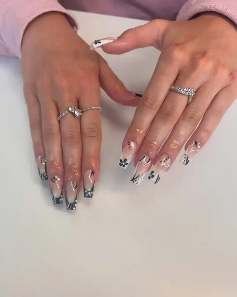 Clear Glossy Tips with Black & White Flowers