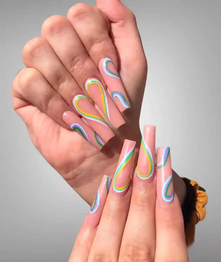 Colorful Swirl Lines on Nude Coffin Nails