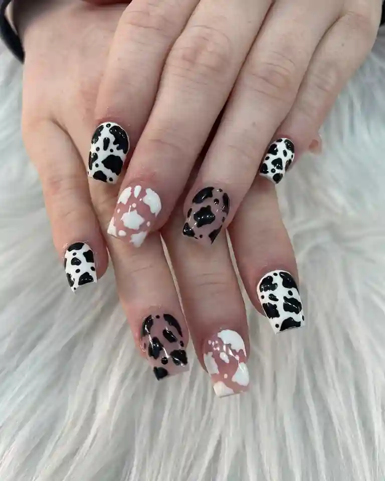 Cow Print White and Black Nail Art