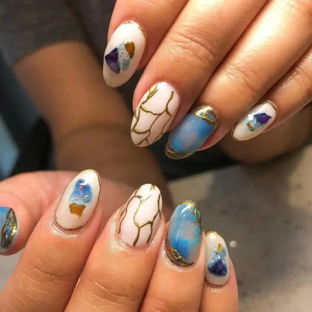 Crystal Stone Ocean Nails with Gold Veins