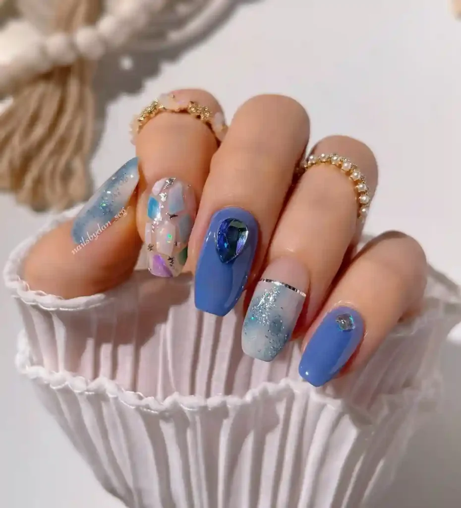 Deep Sea Blue Ocean Nails with Gem Accents