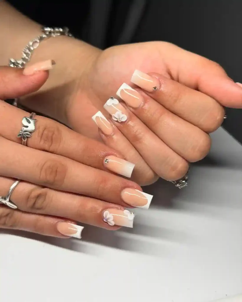 Delicate White French Nails with 3D Flowers