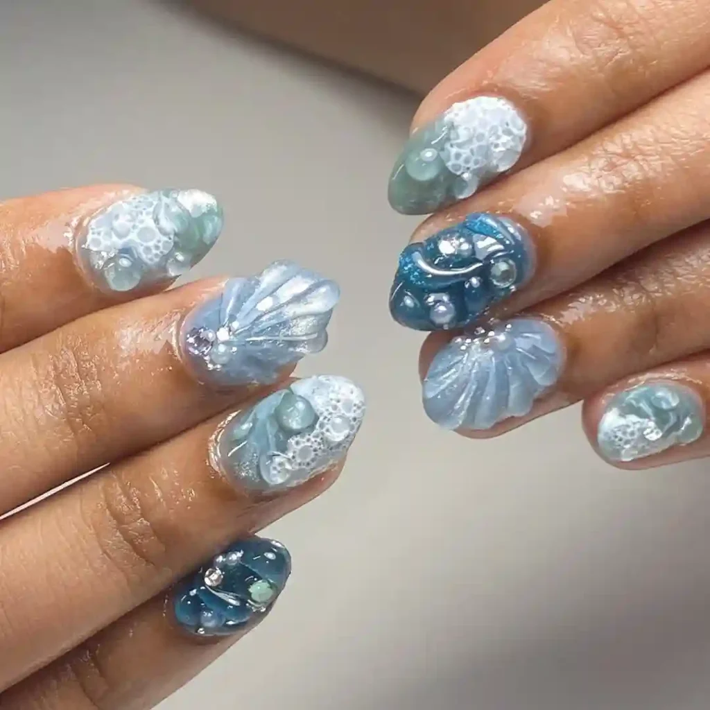 Emerald Green Swirl Ocean Nails with Gold Accents