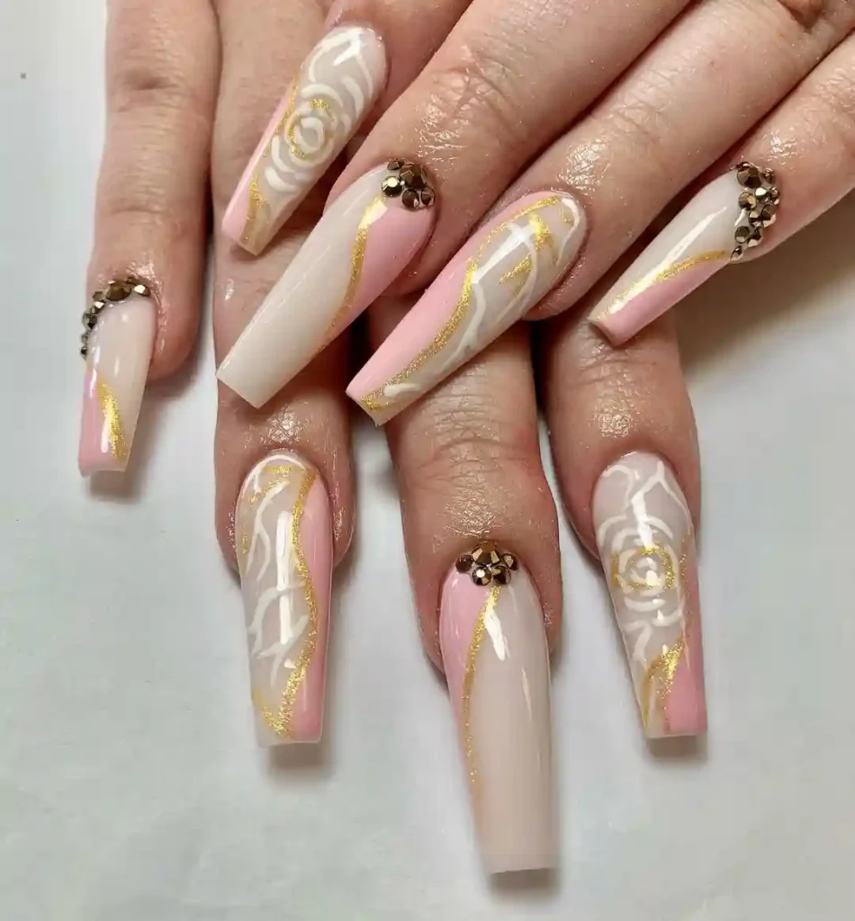 Glamorous Floral and Gold Coffin Nails
