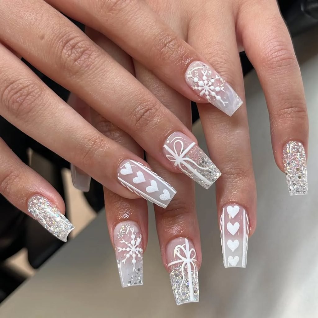 Glittery Gift-Inspired White Nails