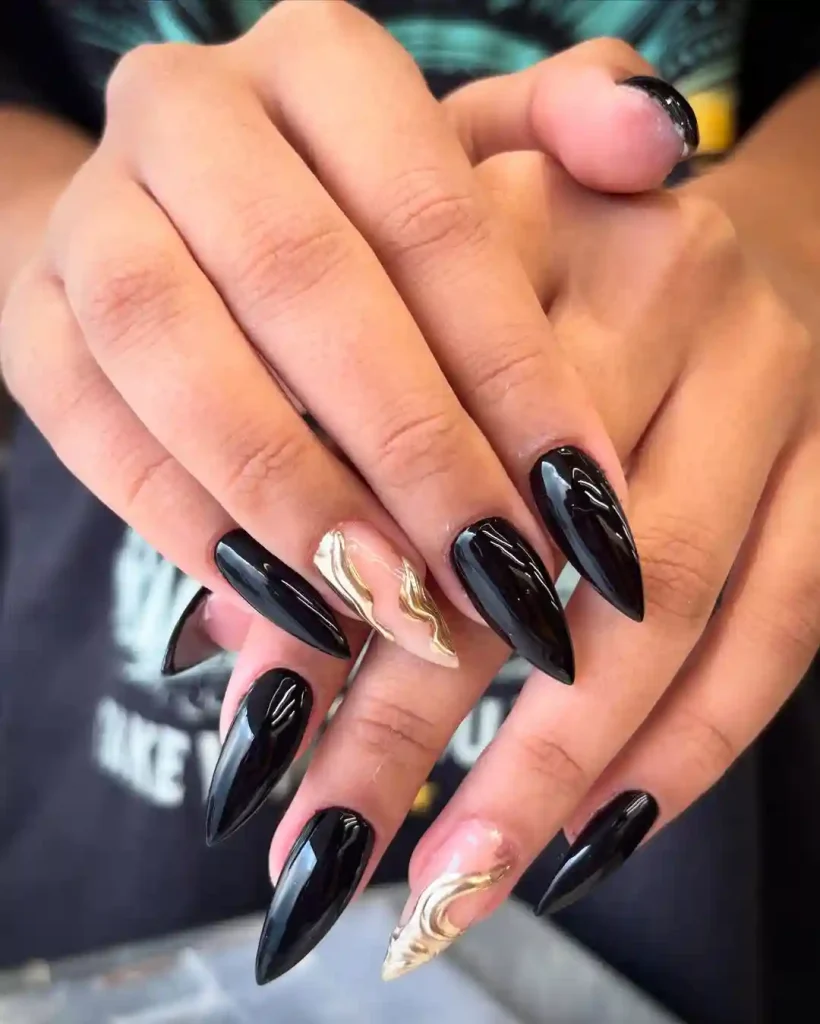 Glossy Black Stilettos with Gold Wave Accents