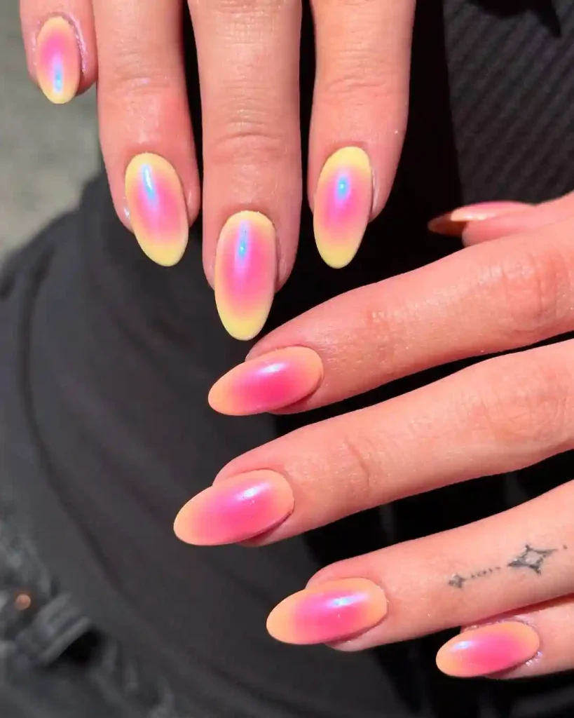 Glossy Neon Peach & Pink Aura Nails
