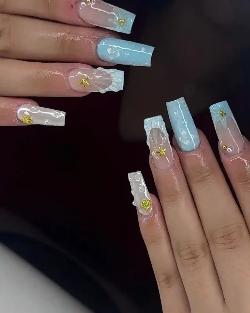 Gold Charm Ocean Nails with Turtles and Shells