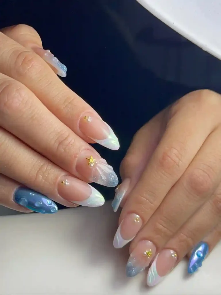  Iridescent White and Blue Ocean Nails with Star Studs