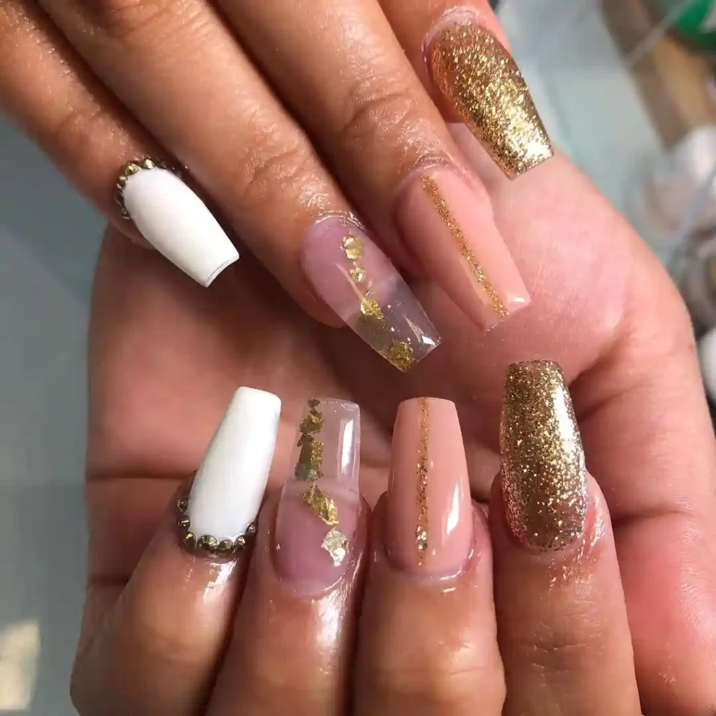 Luxe Gold & White Coffin Nails Combo