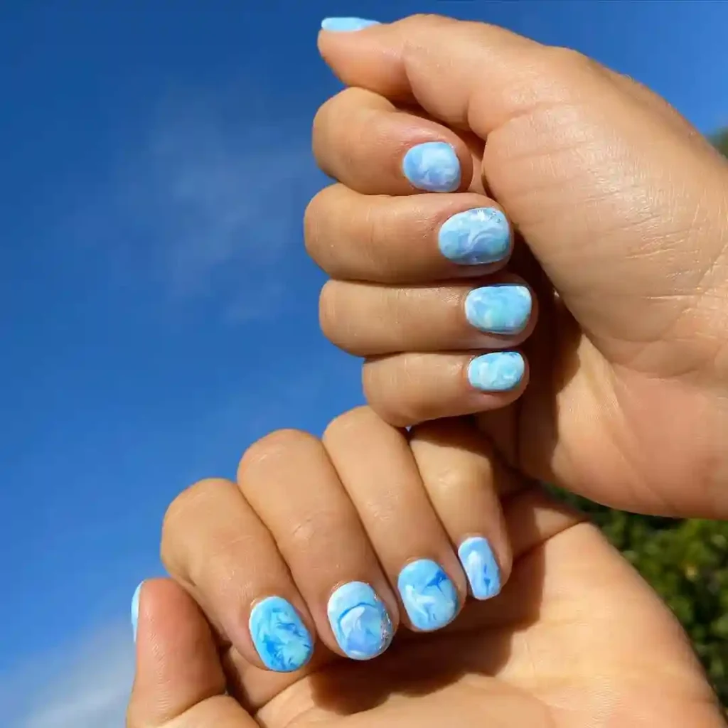 Marble Blue Short Nails Inspired by Ocean Waves