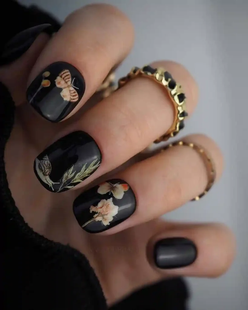 Matte Black Nails with Dried Floral Accents