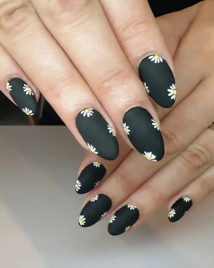 Matte Black Nails with White Daisies
