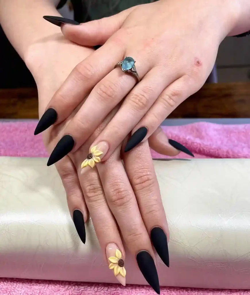 Matte Black Stilettos with 3D Sunflowers