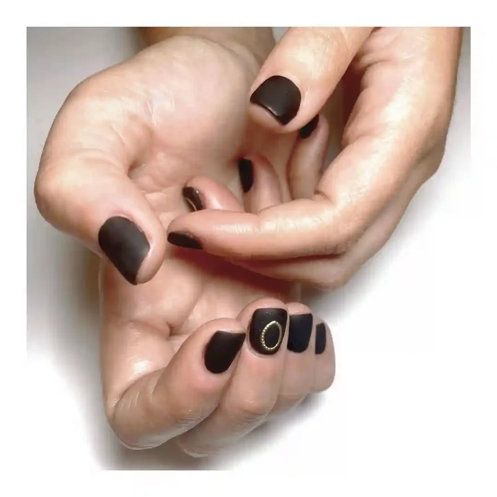 Matte Short Black Nails with Gold Oval Charm